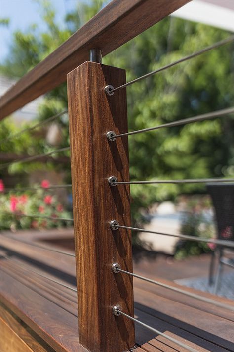 Cable Fencing Around Pool, Stainless Steel Cable Railing Deck, Cable Railings For Decks, Wood And Wire Railing, Cable Wire Fence, Steel Cable Deck Railing, Cable Railing With Wood Posts, Deck Baluster Ideas, Outdoor Cable Railing