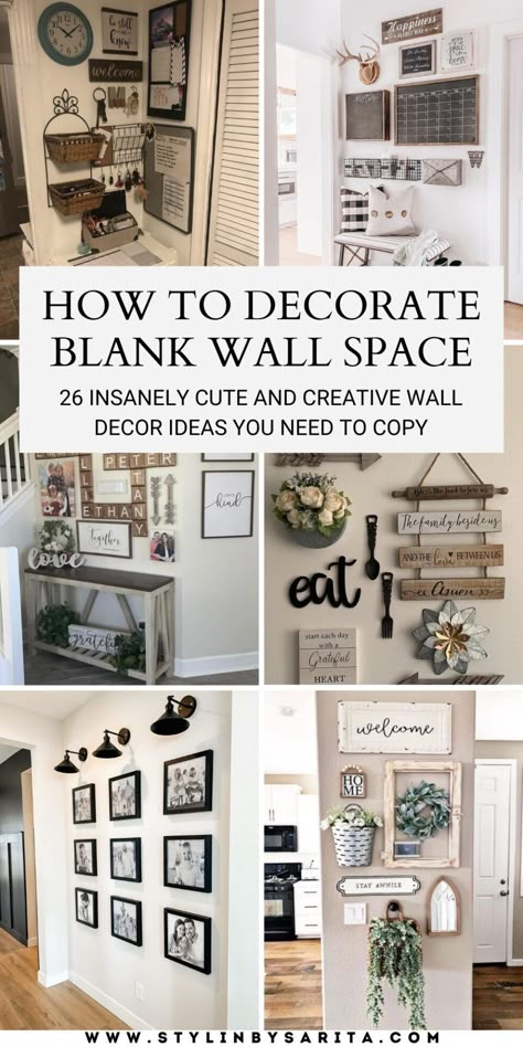 Farmhouse Decor Hallway Wall, Kitchen Wall Decor Ideas Pictures Family Photos, Diy Dining Wall Decor Ideas, Mixed Wall Decor, New Home Wall Decor, Wall Vignettes Decorating Ideas, Country Home Wall Decor, Modern Farmhouse Living Room Decor Wall, Indoor Wall Decor Ideas