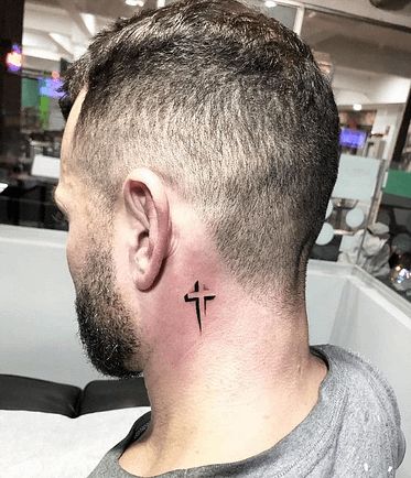 Cross Tattoos For Men Neck, Healed Finger Tattoos, Cross Tattoo Neck, Cruz Tattoo, Tattoo Homme, Barber Tattoo, See Tattoo, Side Neck Tattoo, Petit Tattoo