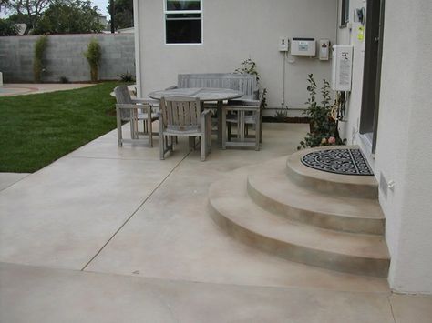 Stairs, Subtle Color Concrete Patios California Concrete Designs Anaheim, CA Diy Concrete Patio, Concrete Patio Ideas, Patio Stairs, Color Concrete, Cement Patio, Concrete Patio Designs, Patio Steps, Round Patio, Concrete Patios