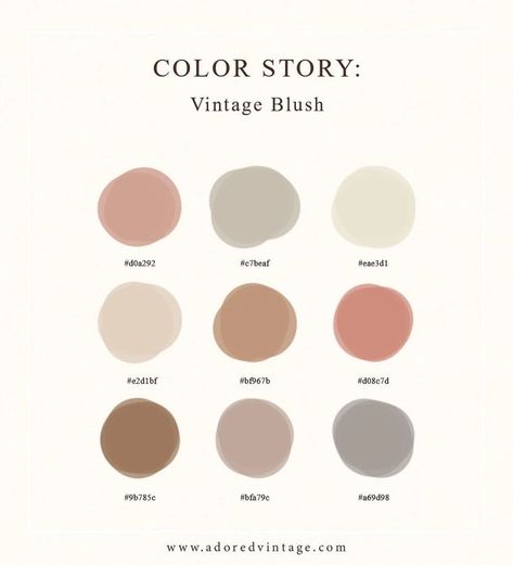 Jun 3, 2021 - Vintage Blush is an ode to classic and timeless colors and patterns that can be worn throughout various garments, eras, seasons, and styles. The palette consists of baby blush pinks, light ivory's and creams, whites, and a soft muted brown. These hues are a staple for the Adored Vintage gal, whether it be a solid print Dusty Colors Palette, Color Palette Pantone, Insta Background, Apple Decor, Muted Brown, Preschool Decor, Palettes Color, Pantone Colour Palettes, Hex Color Palette