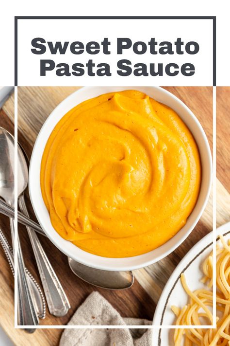 Sweet Potato Pasta Sauce is a creamy, thick sauce to dress up pasta. This oil-free sauce is full of flavor and comes together in just 20 minutes! Perfect for a weeknight dinner. #plantbasedideas #healthy #plantbasedrecipeshealthy #veganlifestyle #plantbasedeating #healthyplantbased #eating #plantbaseddinner #plantbaseddinnereasy #glutenfreeplantbasedrecipes #plantbased #glutenfree #vegan #recipes #easy #vegan #plantbased Vegan Oil Free Pasta Sauce, Sweet Potato Recipes Pasta, Sweet Potato Spaghetti Sauce, Sweet Potato Sauce Recipes, Sweet Pasta Sauce, Gluten Free Pasta Sauce Recipes, Pasta With Sweet Potato, Vegan Pasta Sauce Recipes, Sweet Potato Pasta Recipe