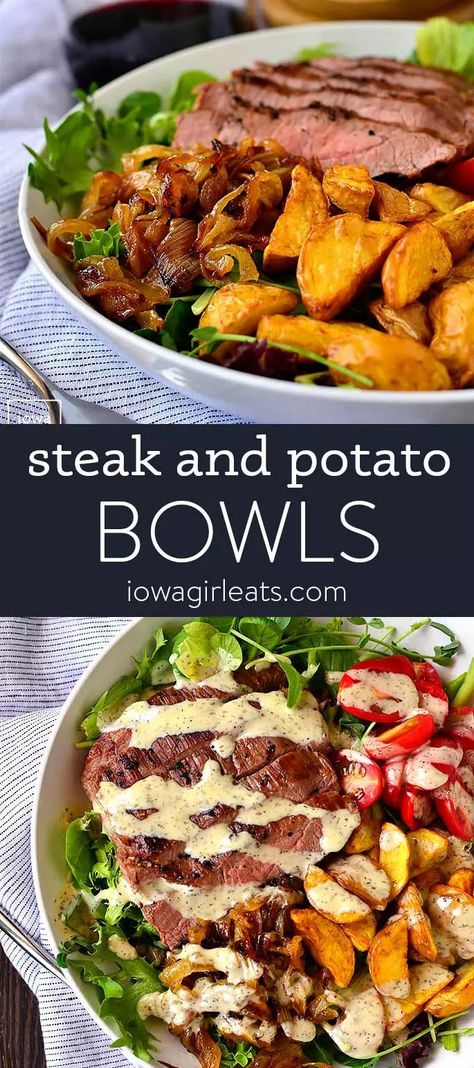 Steak and Potato Bowls are a healthy and hearty grilled gluten-free dinner recipe. Plus I'm sharing my favorite method for grilling juicy, tender steaks! iowagirleats.com keywords: summer recipes, steak recipes, grilling recipes, grilling ideas, grilling ideas for dinner Healthy Grilled Meals, Iowa Girl Eats Recipes, Summer Dinner Recipes Grill Healthy, Steak And Potato Bowl, What To Eat With Steak, Steak Healthy Recipes, Summer Beef Recipes, Beef Grilling Recipes, Steak Recipes Healthy