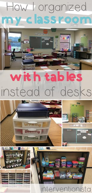 Classroom Desk Storage Ideas Student, Upper Elementary Desk Arrangements, Desk Storage Classroom, 2nd Grade Classroom Setup Tables, Classroom Room Arrangement Ideas, Desk Organization Ideas Classroom, Classroom With Tables Storage, Under Table Storage Classroom, Table Layout Classroom