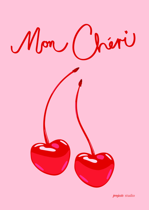 This is a poster with a light pink background with the words mon cheri in red custom cursive font underneath two large shiny illustrated maraschino cherries that are large and in the center, in the right hand corner the logo for projects studio is there in red to match the colour scheme. Cherries Illustration, Vintage Paris Aesthetic, Fall Aesthetic Vintage, Cherry Poster, Parisian Vintage, Digital Calligraphy, Light Pink Background, Maraschino Cherries, French Aesthetic