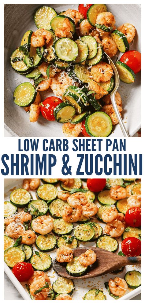 These garlic parmesan sheet pan shrimp with zucchini and juicy cherry tomatoes are a go-to recipe if you love quick, easy clean-up dinners. They're super light, delicious, low carb and topped with freshly grated parmesan for the perfect bite. #shrimprecipes #lowcarbrecipes #easydinnerideas #sheetpandinner #shrimpdinner #sheetpanshrimp Shrimp Zucchini Squash Recipes, Easy High Protein Low Carb Dinner, Zucchini Boats Shrimp, Healthy Shrimp Sheet Pan Dinners, Shrimp And Veggies Recipes Healthy, Low Fat Easy Dinners, Lunch Shrimp Recipes, Easy Sheet Pan Meals Healthy, Light Shrimp Dinner