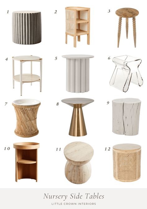 Small accent tables perfect for the nursery or for a little bedside table. The fluted options are modern but so versatile! My Favorite Side Tables for the Nursery - Little Crown Interiors Wood Drum Side Table, Nursery Glider Side Table, Small Round Wooden Side Table, Modern Wooden End Table, Small Nursery Side Table, Nursery Rocker And Side Table, Nursery Side Table With Storage, Nursery Glider And Side Table, Nursery Accent Table