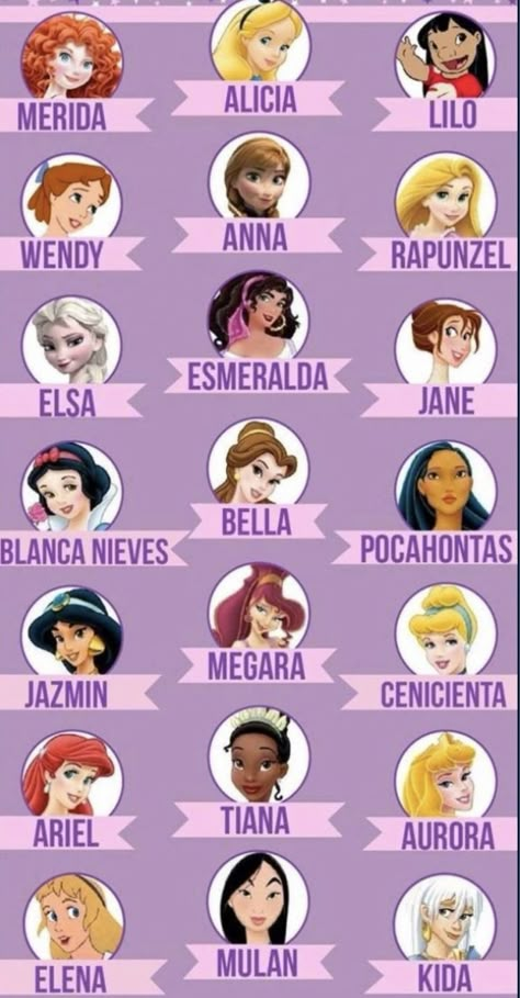 Disney Ladies Disney Princesses List, Desniy Princess, Red Hair Disney, Disney Character Names, Princess Names, Disney Princess List, Disney Princess Paintings, Cartoon Characters Names, Disney Princess Names