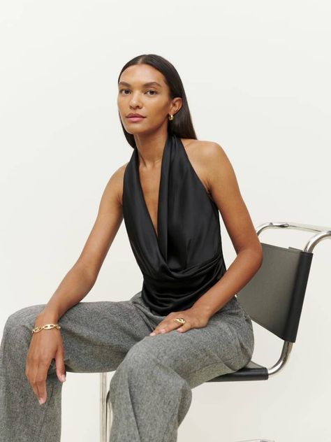 The Y2K Draped Top Trend Is Coming Back With a Vengeance | Who What Wear UK Halter Neck Top Outfit, Silk Top Outfit, Halter Tops Outfit, Silk Halter Top, Silk Crop Top, Black Halter Top, Silk Outfit, Draped Top, Cowl Neck Top