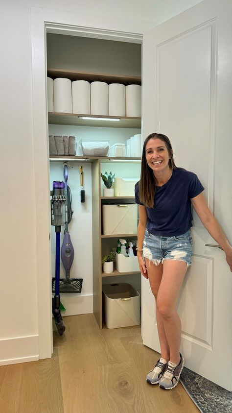 Lindsay Dean | DIY 👑 | Turns out a fancy broom closet doesn’t magically make you love cleaning 🤷🏻‍♀️ but it does make me happy that I quadruped the amount of… | Instagram Cleaning Closet Makeover, Corner Broom Closet Ideas, Small Cleaning Closet Ideas, Diy Cleaning Closet, Broom Closet Makeover, Hallway Storage Closet, Broom Closet Ikea, Ikea Cleaning Closet, Utility Coat Closet