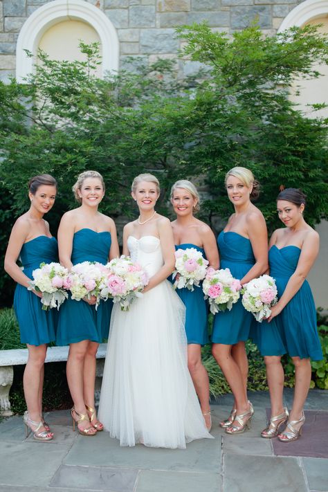 Bridesmaids in Cerulean Blue Knee Length Dresses Washington Island Wisconsin, Wisconsin Summer, Blue Themed Wedding, Wedding Colors Blue, Bridesmaid Dress Colors, Flower Centerpieces Wedding, Cerulean Blue, Dc Wedding, Wedding Color Palette