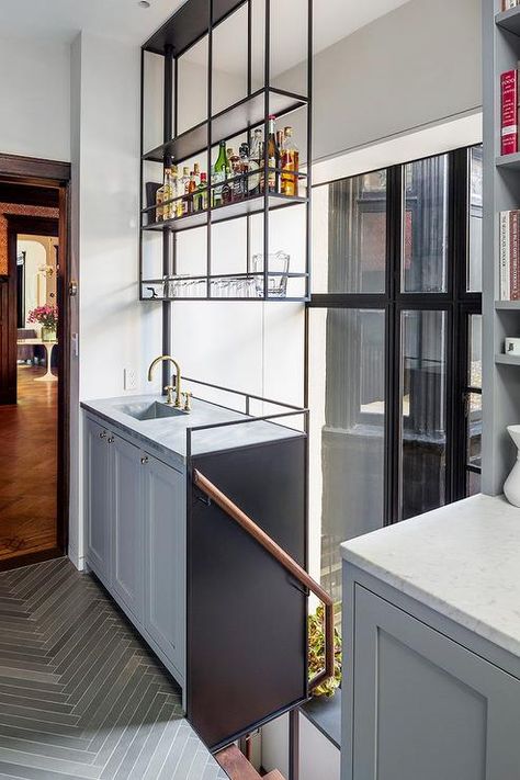 Hanging Kitchen Shelves Suspended From ... Hanging Kitchen Shelves, Narrow Kitchen Design, Suspended Shelves, Upper Kitchen Cabinets, Modern Home Bar, Bar In Casa, Home Bar Design, Brooklyn Brownstone, Narrow Kitchen