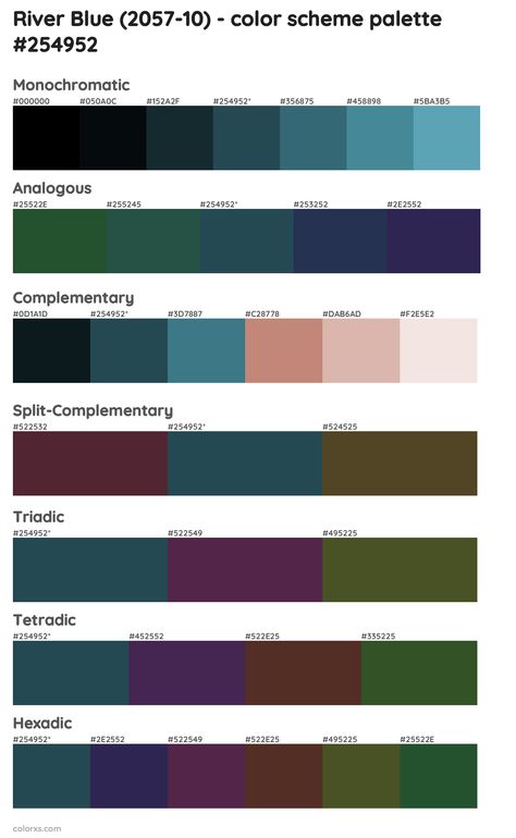 Benjamin Moore River Blue (2057-10) Paint coordinating colors and palettes Sherwin Williams Moscow Midnight, Moscow Midnight, Blue Complementary Color, Draw A Hexagon, Bavarian Forest, Analogous Color Scheme, Rgb Color Codes, Split Complementary, Split Complementary Colors