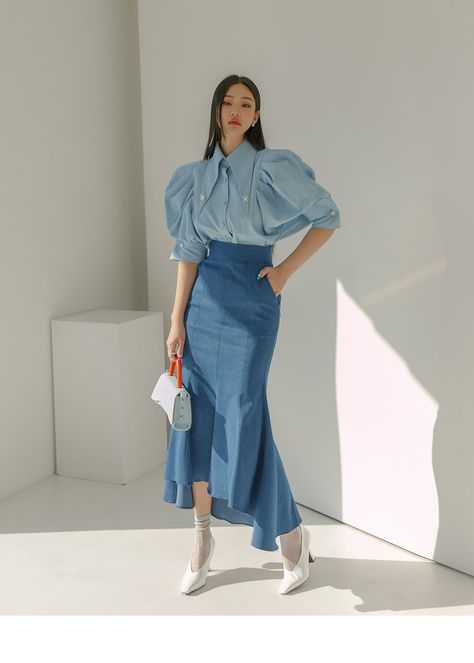 Denim Elegant Outfit, Denim Classy Outfit, Whole Denim Outfit, Dint Korean Clothing, Skirt With Blouse Outfit, Skirt Models Ideas, K Drama Fashion Women, Denim Formal Outfit, Korean Drama Outfits Style