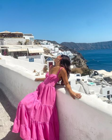 All Posts • Instagram Santorini Outfit, Greece Dress, Europe Summer Outfits, Satin Long Prom Dress, Greece Outfit, Hot Pink Satin, European Summer Outfits, Wedding Dress Search, Greece Trip