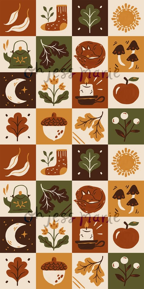 Autumn Aesthetic Palette, Autumn Motifs, Cozy Fall Illustration Art, Autumn Leaves Aesthetic, Autumn Equinox Aesthetic, Autumn Illustration Wallpaper, Fall Patterns Wallpapers, Autumn Patterns, Autumn Design