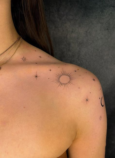 Elegant Tattoos Collar Bone, Celestial Floral Tattoo Sleeve, Gemini Shoulder Tattoos For Women, Delicate Collar Bone Tattoos For Women, Capricorn Sun Tattoo, Stars Around Scar Tattoo Design, Sun Moon Collar Bone Tattoo, Celestial Half Sleeve Tattoo, Sunshine And Moon Tattoo