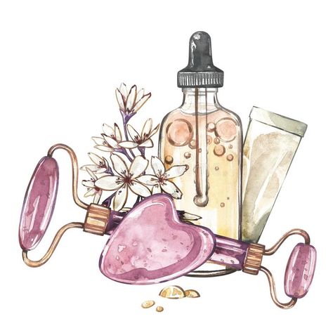 Massager roller gua sha, oil skin care, flowers isolated on white. Watercolor hand drawing illustration. Art for design stock photos Skin Care Bottle Design, Lotion Drawing, Skin Care Logo Design Ideas, Massage Drawing, Skin Care Drawing, Gua Sha Oil, Oil Illustration, Massage Art, Skin Care Pictures