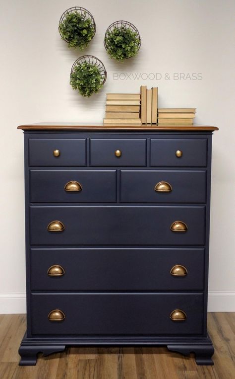 "Matching chest complete! Absolutely loved doing this set. Coastal Blue by General Finishes is easily one of my top colors. It goes on so smooth and in my opinion is the perfect navy!" - Boxwood & Brass Navy Bedrooms, Blue Painted Furniture, Blue Dresser, Painted Bedroom Furniture, General Finishes, Blue Furniture, Diy Furniture Renovation, Furniture Rehab, Furniture Renovation