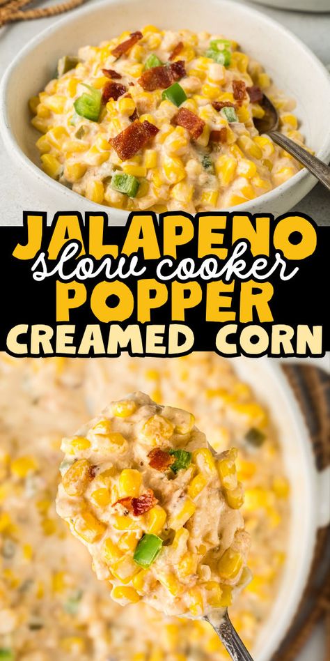 Slow cooker creamed corn with jalapenos Cream Corn Crockpot, Corn Side Dish Recipes, Side Dishes For Ribs, Corn Cream, Corn Side, Fried Meat, Cream Cheese Corn, Corn Side Dish, Creamed Corn Recipes