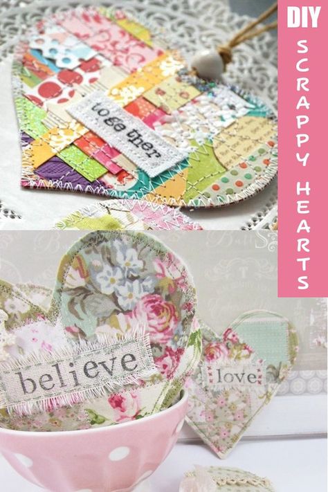 Scrappy Hearts, Diy Hearts, Sewing With Scraps, Valentine Stuff, Scrap Projects, Easy Valentine Crafts, Patchwork Heart, Scrap Fabric Projects, Heart Diy