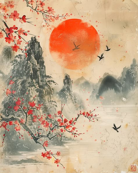 Vintage Art of Japanese Landscape with Birds and Cherry Blossom Tradition Japanese Art, Modern Japanese Painting, Vintage Japanese Painting, Landscape Japanese Art, Japanese Landscape Illustration, Traditional Japanese Art Landscapes, Traditional Japanese Ink Painting, Chinese Artwork Traditional, Traditional Japanese Cherry Blossom Art