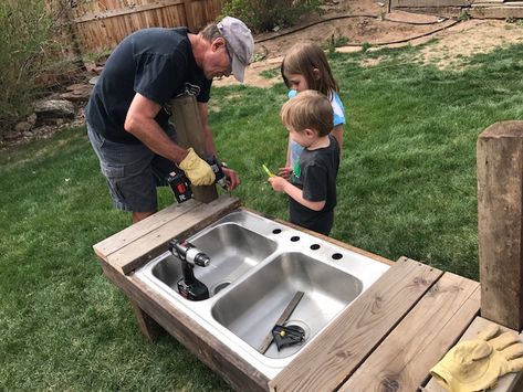 Mud Kitchen Diy Plans, How To Build A Mud Kitchen, Mud Kitchen With Sink, Diy Mud Kitchen Outdoor Play, Mud Kitchen Plans, Mud Sink, Mud Kitchen Diy, Kids Sink, Historic Bungalow