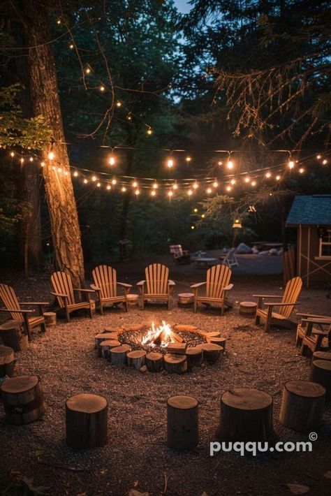 Woodsy Backyard, Natural Fire Pit, Outdoor Fire Pit Area, Bonfire Pits, Fire Pit Lighting, Outdoor Fire Pit Designs, Fire Pit Landscaping, Cozy Backyard, Fire Pit Area