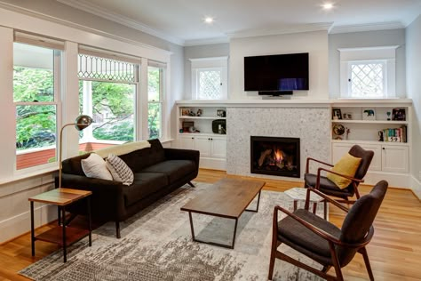 New Windows and Fireplace Built-Ins Transform Living Room White Built Ins, Built In Around Fireplace, Living Room Addition, Fireplace Windows, Craftsman Fireplace, Family Room Addition, Fireplace Bookshelves, Built In Shelves Living Room, Living Room Built Ins