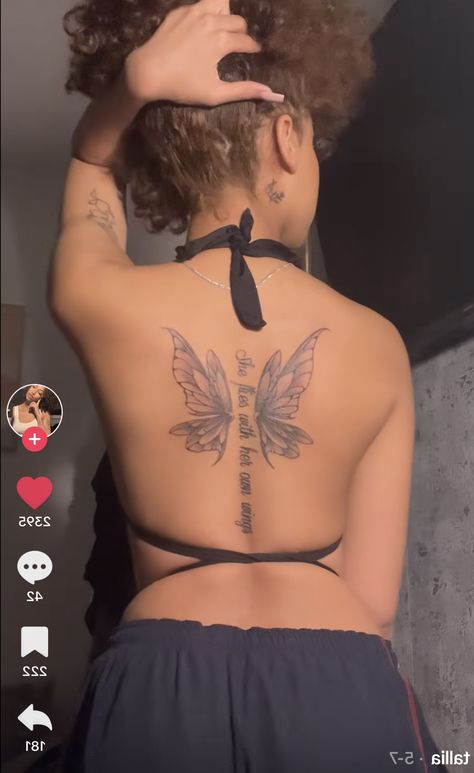 Cute Back Tats Women, Spine Tat Black Women, Medium Back Tattoos For Women, Baddie Tats Spine, Spine Tattoo Add On, Womans Neck Tattoos, Big Butterfly Back Tattoo, Subtle Back Tattoos, Women’s Back Tattoos Unique