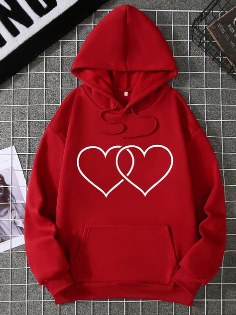 Free Returns ✓ Free Shipping✓. SHEIN EZwear Heart Print Thermal Drawstring Hoodie- Women Sweatshirts at SHEIN. Famous Clothing Brands, Boys And Girls Clothes, Stylish Hoodies, Women Sweatshirts, Cute Sweatshirts, Cool Hoodies, Really Cute Outfits, Red Hoodie, Drawstring Hoodie