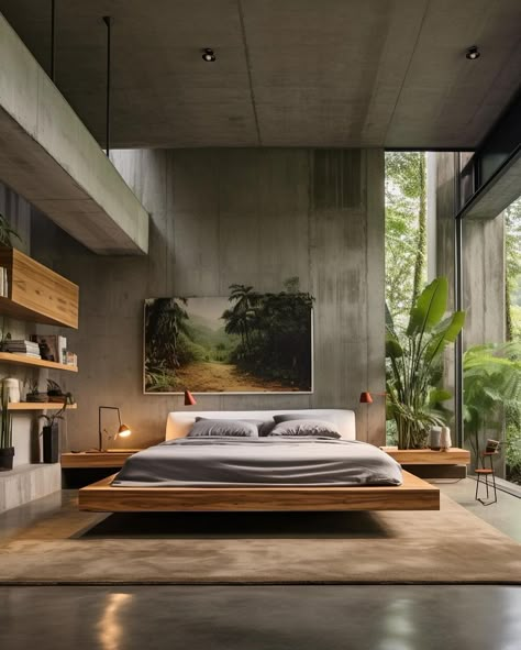 Concrete House Architect: @miladeshtiyaghi Would you live here? | Instagram Concrete Houses Interior, Modern Tropical Bedroom, Habitat Projects, Cement House, Black Bedroom Design, Concrete Interiors, Tropical Bedrooms, Concrete Houses, House Arch Design