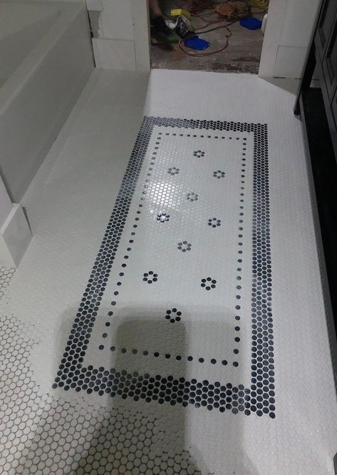 Laying a Tile Rug for the Flip House Bathroom - Beneath My Heart Tile Area Rug Inlay, Penny Tile Rug, Penny Tile Rug Pattern, Tile Rug Bathroom, Tile Rugs, Penny Tiles Bathroom, Penny Tiles, Golf House, Bathroom Revamp