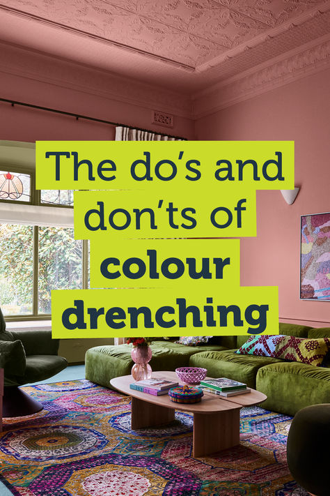 Colour drenching is all about going bold by detonating a single colour hue explosion across an entire room, hallway or house. In recent years, this style technique has become a popular trend amongst many an interior designer, but don’t go grabbing the paint brushes just yet. Read our guide to mastering this colourful trend.  #colourdrenching #painting #interiordesign One Colour Room Interiors, Interior Paint Finish Guide, Office Room Colors Wall Colours, Whole Room Painted One Color Including Ceiling, Bold Coloured Living Room, Saturated Room Aesthetic, Eastern Bamboo Behr Paint, Dressing Room Wall Decor, Add Colour To Living Room