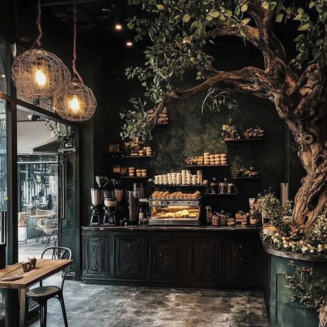 Cozy Cafe Ideas Interior Design, Gothic Store Interior, Dark Green Cafe Aesthetic, Apothecary Cafe Coffee Shop, Dark Bookstore Aesthetic, Witch Cafe Coffee Shop, Witch Cafe Interior, Library And Coffee Shop, Fairy Coffee Shop