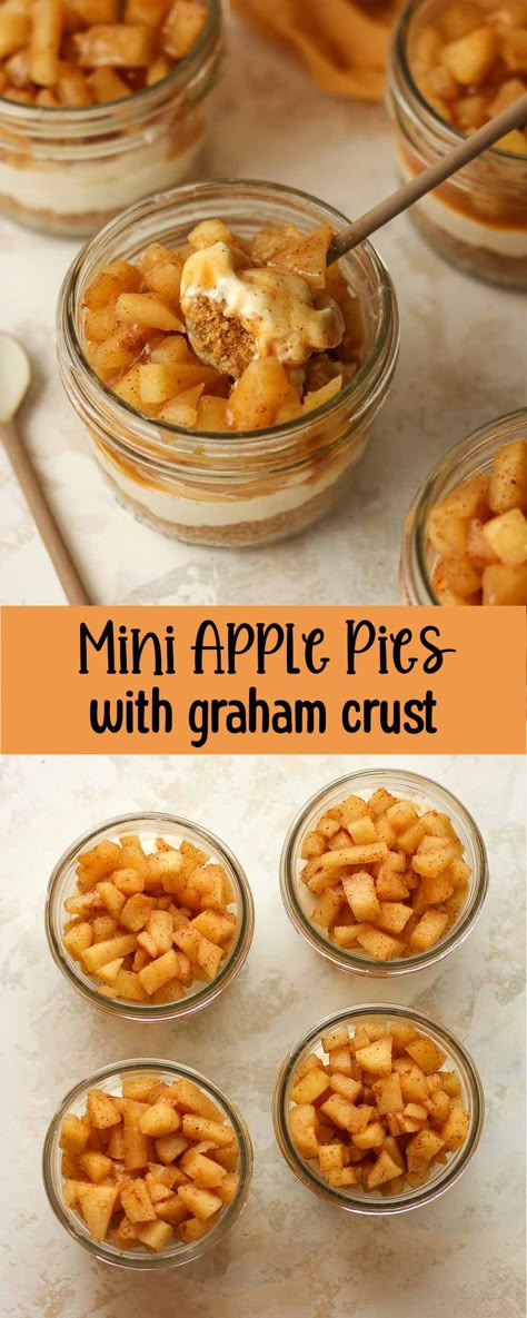 Mini Apple Pie are a convenient no-bake dessert that marries the comforting, spiced essence of apple pie with a delightful mason jar display. Ideal for single servings, this treat is an excellent choice for parties and gifting! Apple Pie Cups Recipe, Apple Crisp Parfait, Fall Snacks To Sell, Small Cup Desserts, Apple Parfait Desserts, Mini Jar Desserts, Apple Pie Dessert Shooters, Thanksgiving Fruit Desserts, Mini No Bake Pies