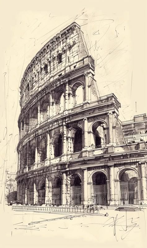 Ancient Architecture Sketch, Roman Architecture Drawing, Greek Architecture Drawing, Colosseum Sketch, Colosseum Illustration, Colosseum Drawing, Rome Sketch, Rome Architecture, Still Life With Fruit