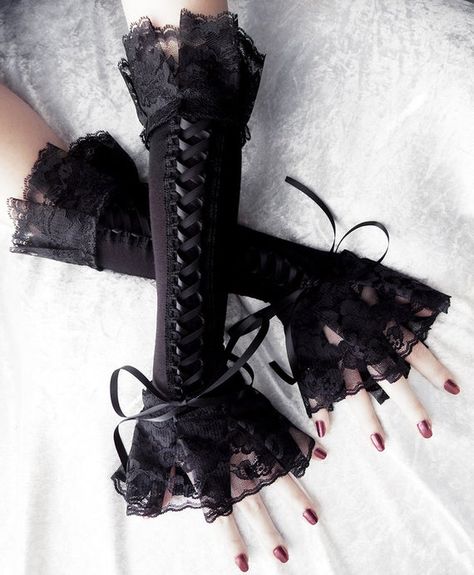 Items similar to Cities in Soot Corset Arm Warmers Laced Up | Black Ribbon & Ruffled Lace | Steampunk Gloves Victorian Bridal Pirate Dark Rococo Gothic Goth on Etsy Steampunk Gloves, Goth Wedding, Romantic Goth, Lace Gloves, Gothic Outfits, Goth Outfits, Corset Style, Black Ribbon, Edgy Outfits