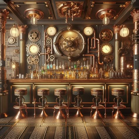 Step into a world where Victorian elegance meets industrial grit. Welcome to our steampunk haven. ✨🕰️ #sipthestyle #SteampunkBar #SteampunkAesthetic #BarDesign Steampunk Bar Design, Steampunk Bar Ideas, Steam Punk Bar, Steam Punk Aesthetic, Steampunk Bar, Victorian Elegance, Speakeasy Bar, Different Planets, Cozy Basement