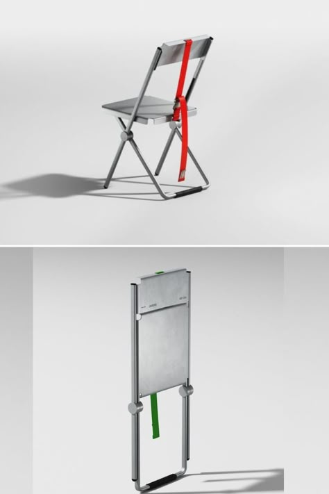 Tekron Chair by Acasso Folds and Unfolds With a Lifting Strap Folding Mechanism Design, Fold Chair, Folding Chair Design, Compact Chair, Unique Chairs, Steel Furniture Design, Leather Studio, Metal Folding Chairs, Foldable Chair