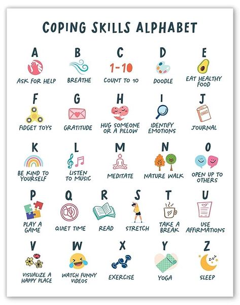 Coping Skills Therapy Activity, Coping Skills Alphabet, School Counseling Office Decor, Counselling Resources, Therapist Tools, Alphabet School, Counseling Office Decor, School Counseling Office, Healthy Coping Skills