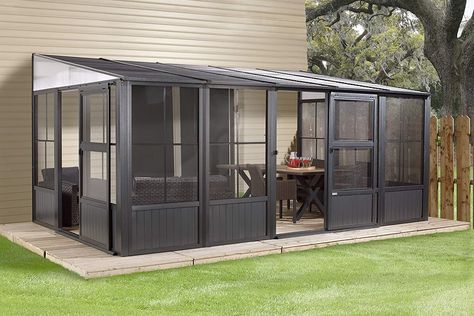 Amazon.com : Sojag Outdoor 10' x 16' Charleston Solarium Wall-Mounted Sunroom with Mosquito Nets, Dark Grey : Garden & Outdoor Rectangle Gazebo, Sunroom Kits, Steel Roof Panels, Dark Grey Walls, Patio Pergola, Patio Enclosures, Pergola Design, Enclosed Patio, Brick Exterior House