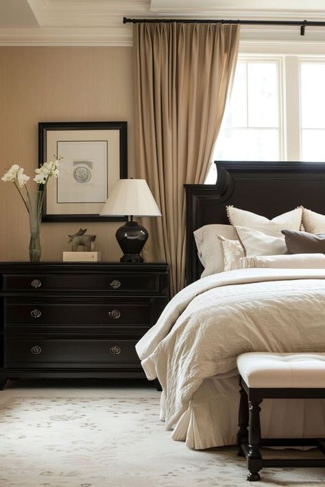 25 Elegant Black and Cream Bedroom Ideas You Need to Try Black And Cream Bedroom Ideas, Brown And Cream Bedroom, Tan Bedroom Ideas, Black And Cream Bedroom, White And Beige Bedroom, Cream Bedroom Ideas, Cream And White Bedroom, Tan Bedroom, Cream Bedroom