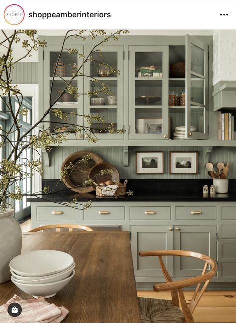 GREEN the color of 2022 - Seeking Lavender Lane Kitchen Black Counter, Green Kitchen Cabinets, Shoppe Amber Interiors, Green Cabinets, Kitchen Farmhouse, Amber Interiors, Kitchen Cabinet Colors, Kitchen Pictures, Cottage Kitchen