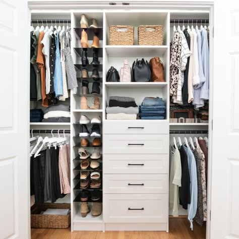 Standard Closet Makeover, Reach In Closet Ideas, Easy Closets, Closet Redesign, Small Closet Design, Closet Idea, Master Closet Design, Closet Redo, Boys Closet