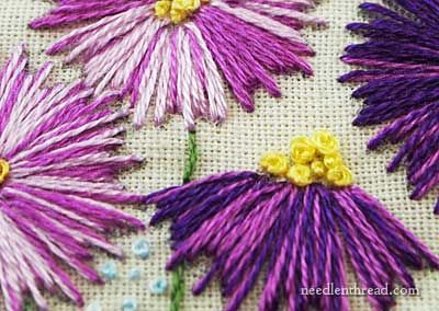 Simple is Good: Straight Stitch Flowers – NeedlenThread.com Áo Blu, Basic Embroidery Stitches, Brazilian Embroidery, Japanese Embroidery, Simple Embroidery, Silk Ribbon Embroidery, 자수 디자인, Crewel Embroidery, Straight Stitch