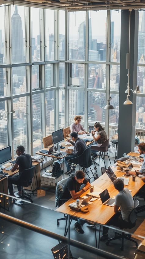 Urban Office Scene: A bustling open-plan #coworking space with workers engrossed in tasks against a #metropolis backdrop. #workspace #professionals #teamwork #aiart #aiphoto #stockcake ⬇️ Download and 📝 Prompt 👉 https://stockcake.com/i/urban-office-scene_188144_32959 Open Space Workspaces, Having Fun At Work, Wework Coworking, Fun Work Environment, Good Work Environment, Office Vision Board, Startup Office Design, Office Shoot, Advertising Office