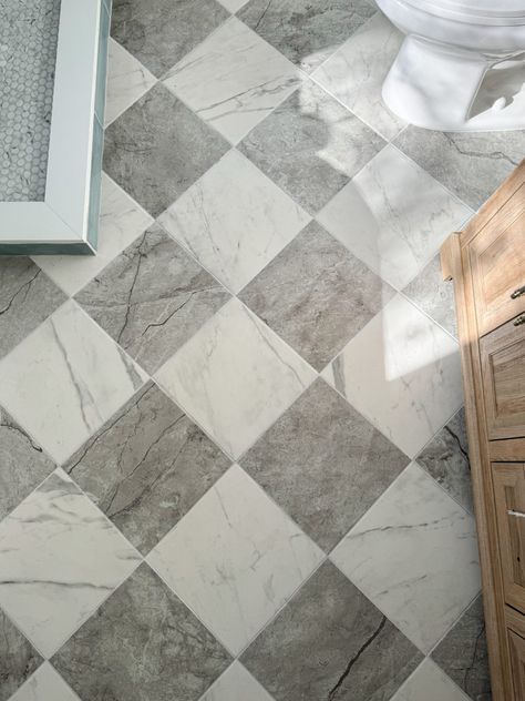 Primary Bathroom Remodel Reveal – from Outdated Beige to Beautiful Blue | guitar & lace Primary Bathroom Remodel, Room Tiles Floor, Blue Shower Tile, Laundry Room Tile, Casual Home Decor, Mudroom Flooring, Foyer Flooring, Diy Fireplace Makeover, Blue Guitar