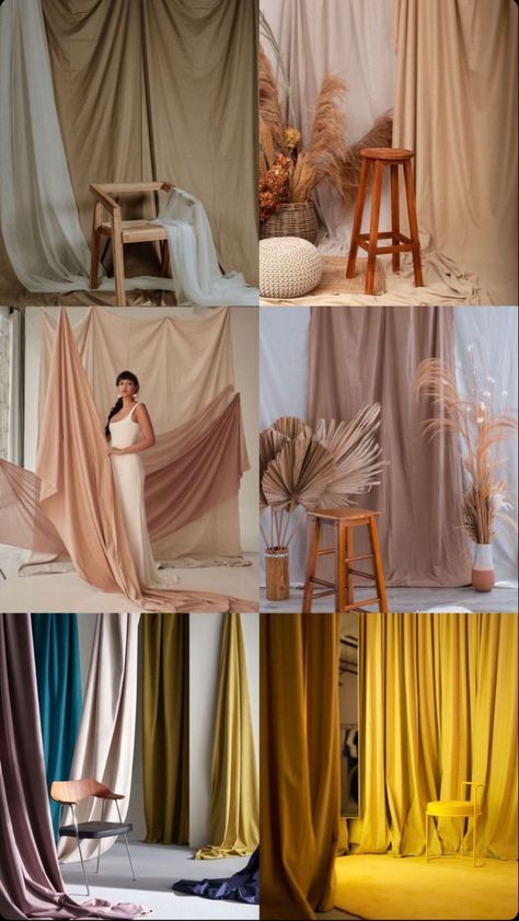 Diy Boho Photoshoot, Props For Studio Photography, Homemade Studio Photography, Fashion Shoot Backdrop Ideas, Backdrop Shoot Ideas, Curtain Backdrop Ideas Photoshoot, Fashion Photography Set Design, Fabric Backdrop Photoshoot Ideas, Diy Photography Studio Shed