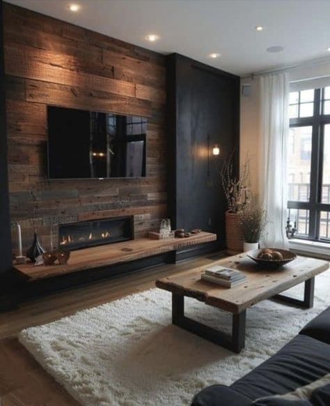 Balcon Mic, Ruang Tv, Dark Living Rooms, Black Living Room, Living Room Design Inspiration, Home Design Living Room, Rustic Living Room, Decor Home Living Room, Living Room Makeover